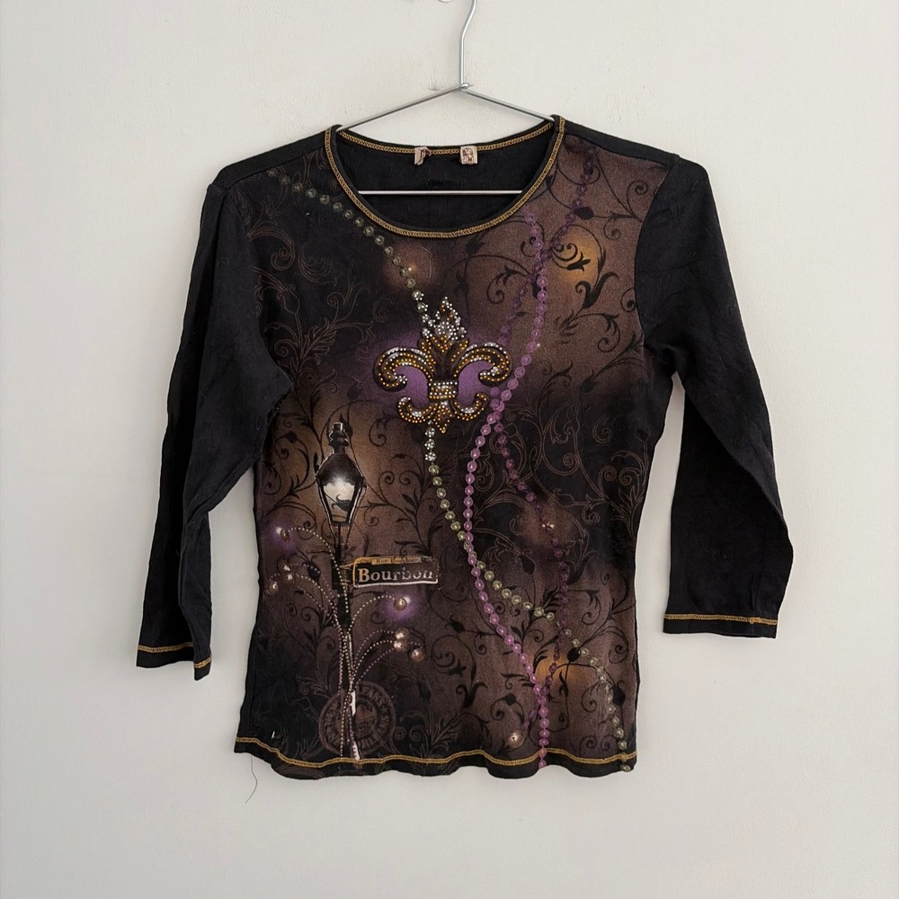 Vintage Bourbon New Orleans Fleur De Lis Graphic Top Black Medium